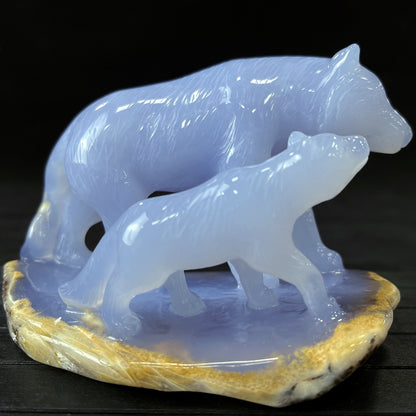 Amazing 5'' Blue Chalcedony Hand Carved Wolves Home Decoration Animal Statue Crystallumi